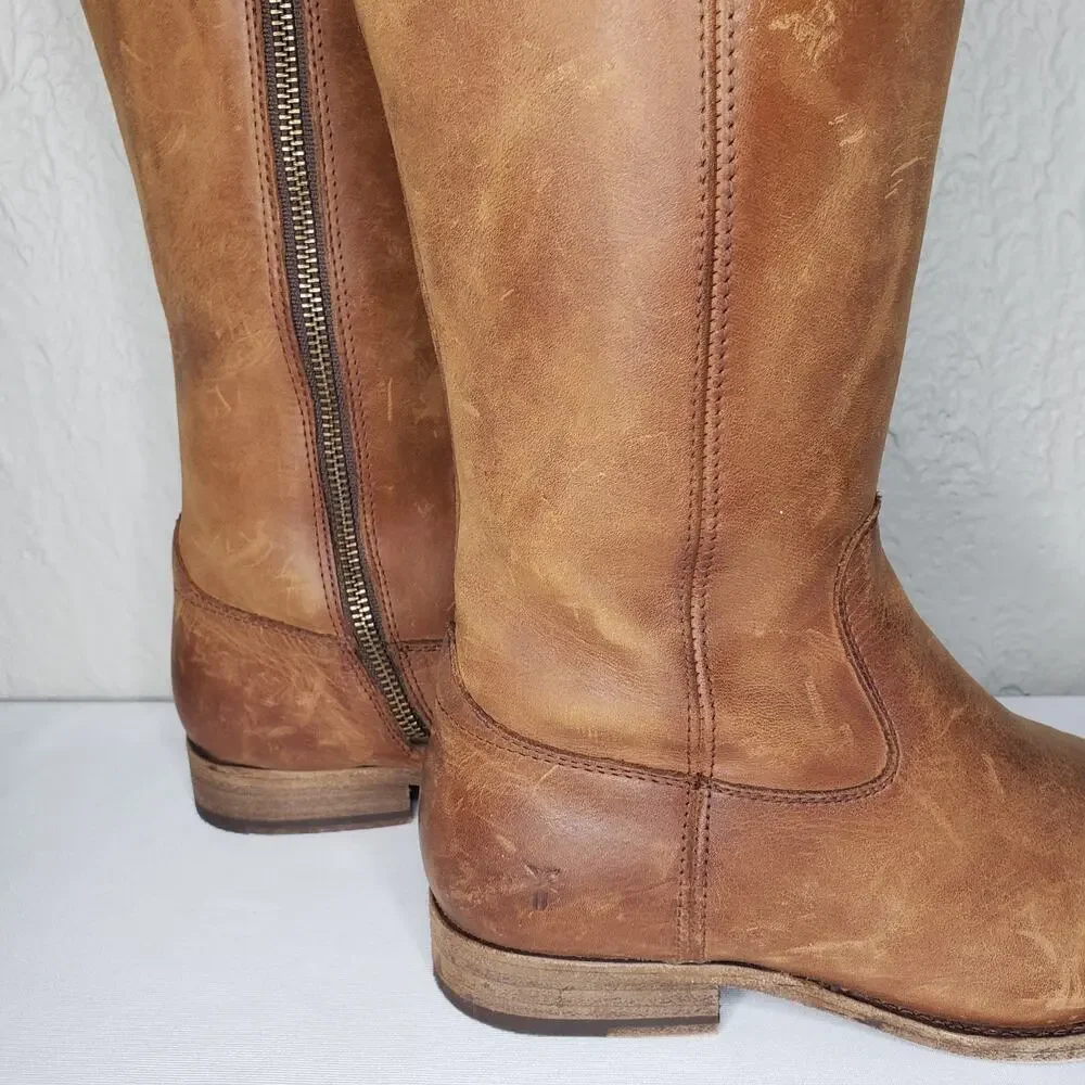 Frye Melissa Size 7B Button Inside Zip Tall Leather Boots Cognac Distressed